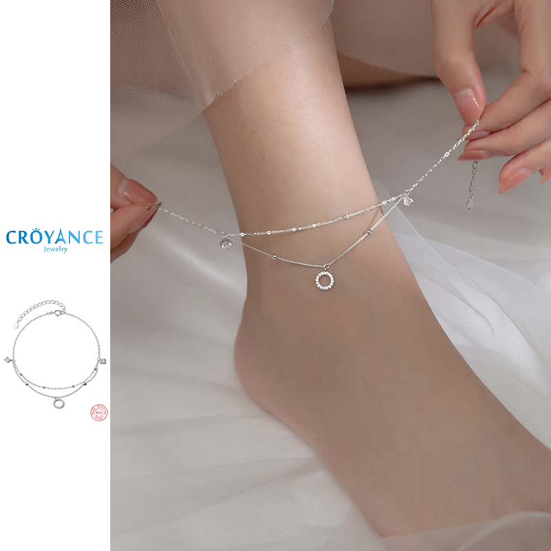 Anklet Foot Chain - จี้เพทายทรงกลมสวยหรู สองชั้น เงินแท้ 925 สร้อยข้อเท้าผู้หญิง เครื่องประดับแฟชั่น