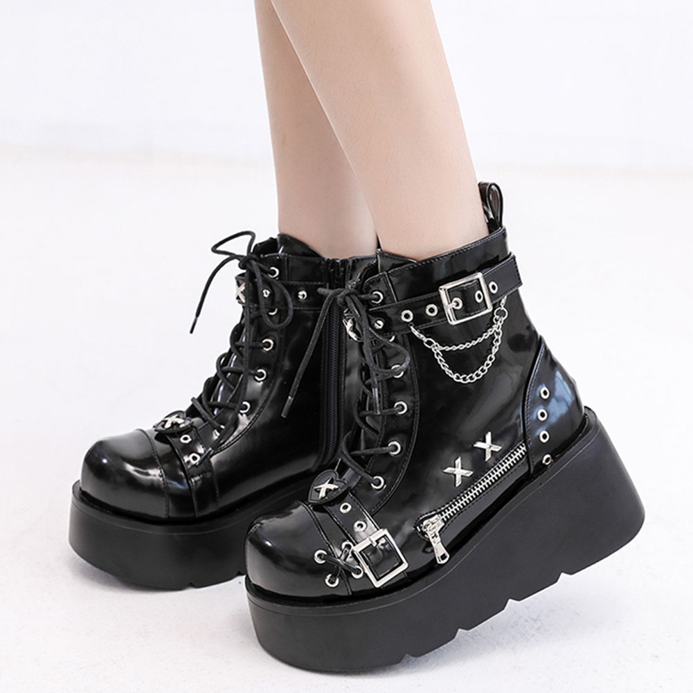 Anklet Foot Chain - รองเท้าบูทส้นตึกสไตล์โกธิคสำหรับผู้หญิงแบบใหม่ล่าสุด พร้อมหัวเข็มขัด ซิป หมุด ตกแต่งสไตล์พังก์ ส้นสูง