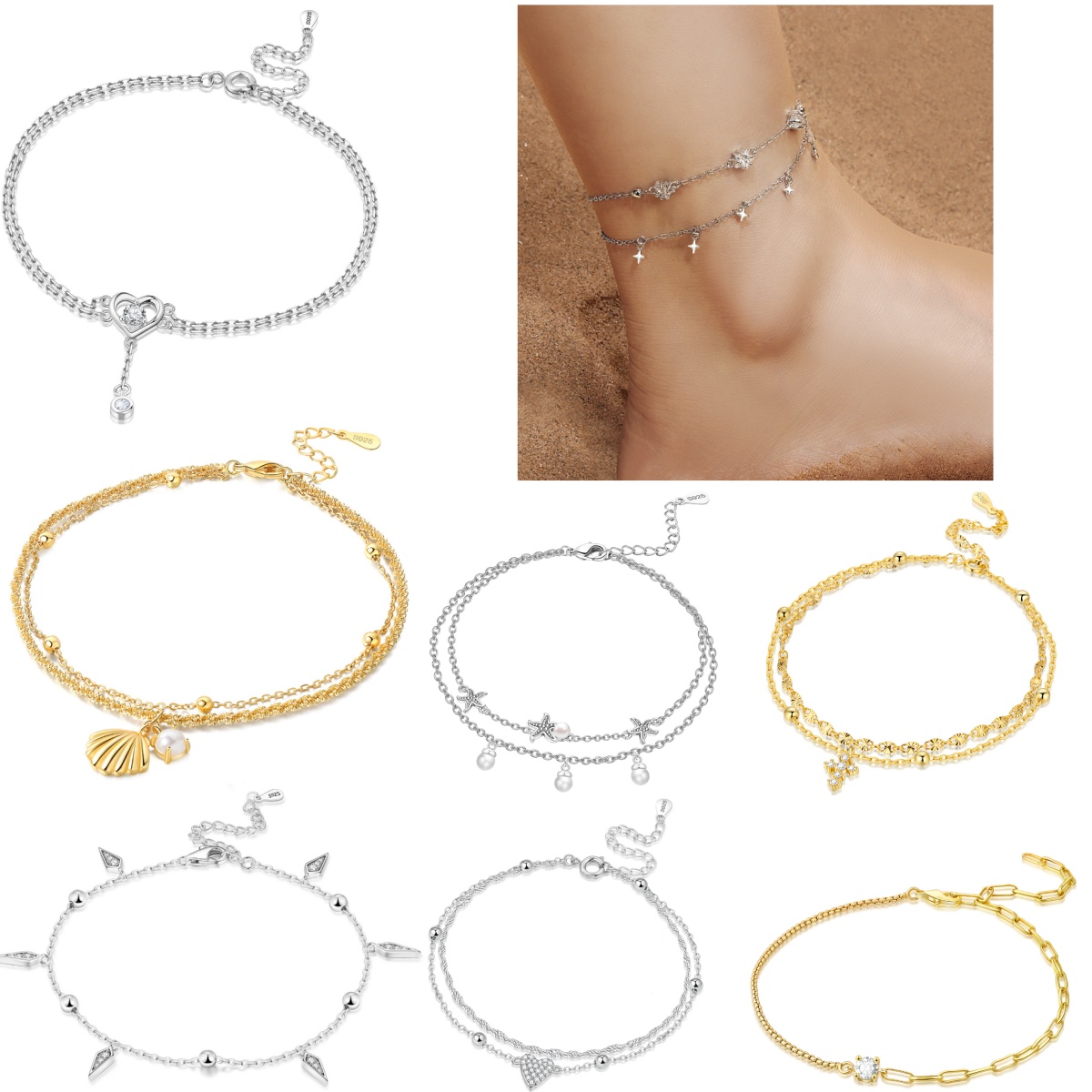 Anklet Foot Chain - Orstarry S925 เงินสเตอร์ลิงฤดูร้อนคู่รูปดาว Anklets ผู้หญิงเลดี้ข้อเท้าสร้อยข้อมือพรหมเท้าเครื่องประดับของขวัญ